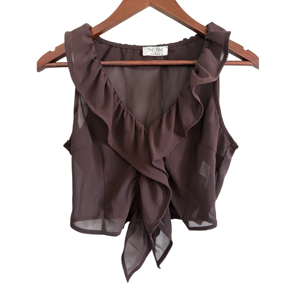 TIC TOC Chocolate Brown Chiffon Ruffle Tie Front Top S NWT